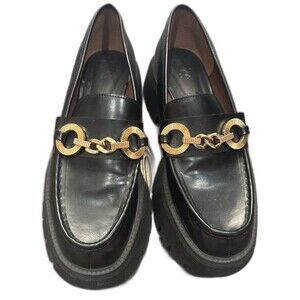Zara Gold Chain Loafers Black Chunky Platform Lug Faux Leather Size 39 US 8